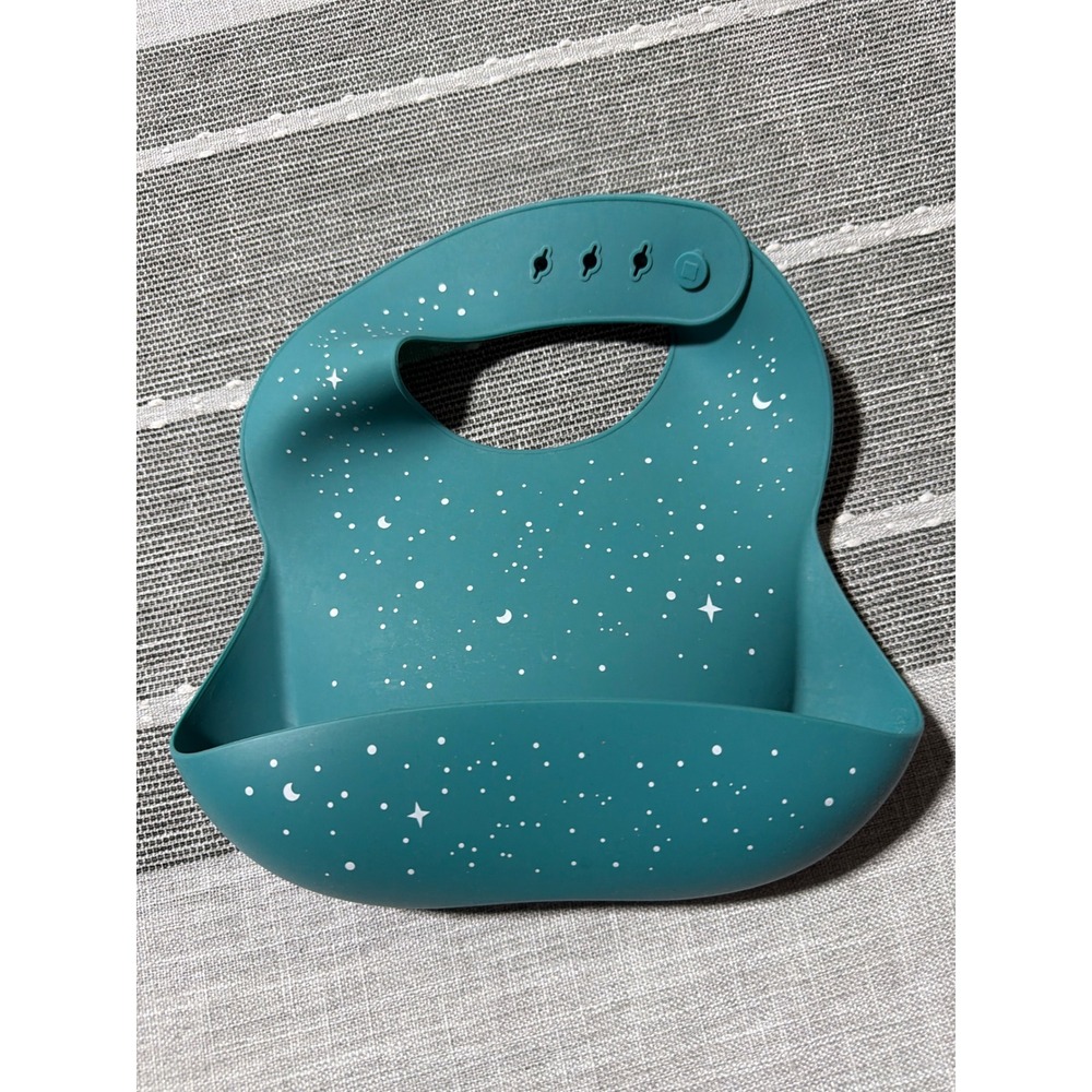 Silicone Baby Bib Teal Celestial Moon Stars Galaxy Print with Food catcher